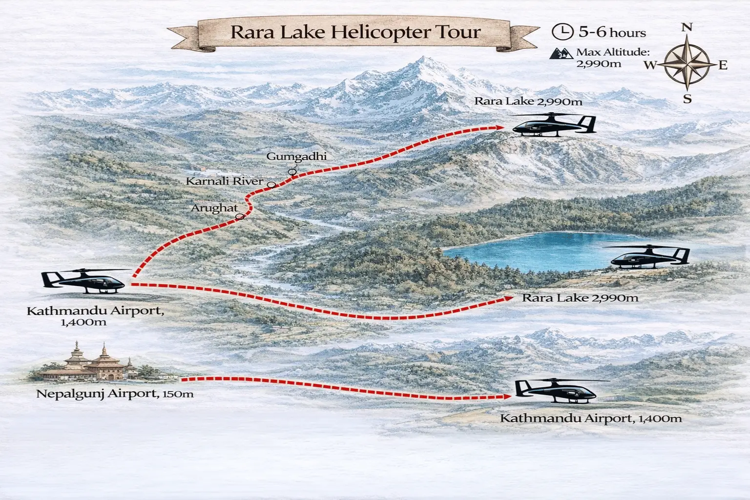 trip route map for Rara Lake Helicopter Tour 