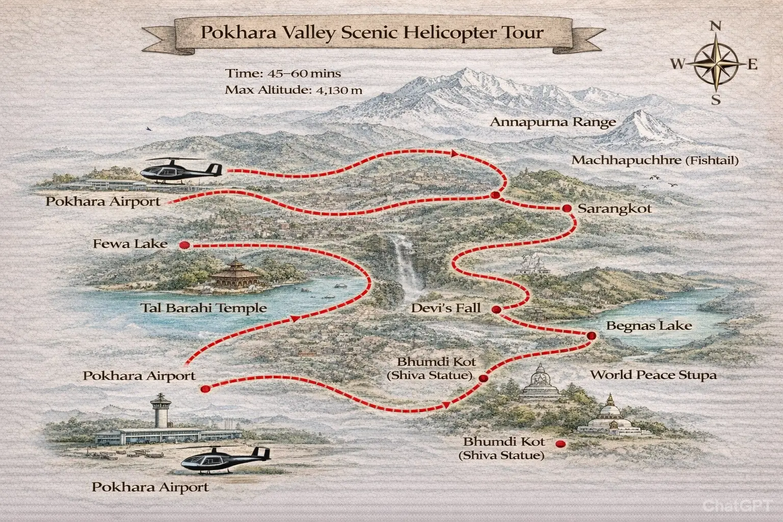 trip route map for Pokhara Valley Scenic Helicopter Tour 