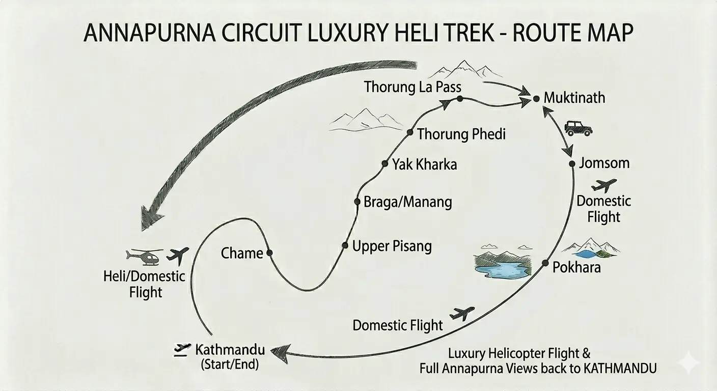 trip route map for Annapurna Circuit Trek with Luxury Helicopter Return 